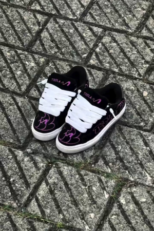 👟🖤 Tesla Neon Scribble Sneakers – Black Streetwear Shoes with Glow Vibe 💜⚡