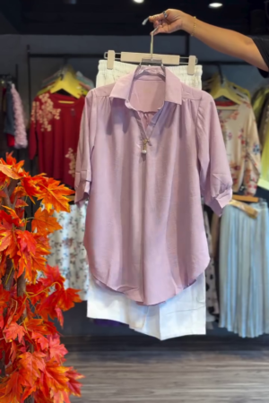 💜 Lavender Collared Button-Down Tunic Top & Trousers Set for Women – Soft Sophistication Redefined