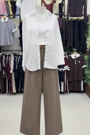 🤍 Effortless Elegance: White Eyelet Button-Down Shirt with Brown Wide-Leg Pants 🤎
