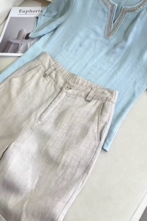 Effortless Light Blue Linen Blouse & Neutral Linen Trousers Co-Ord Set – Chic Minimalist Style