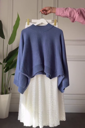 💙 Cozy Elegance: Blue Turtleneck Sweater with White Lace Skirt