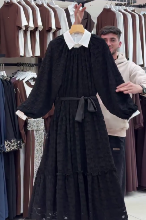 🖤 Elegant Drama: Black Chiffon Maxi Dress with Voluminous Sleeves & White Collar