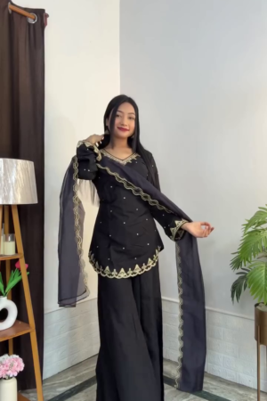 🖤✨ Glamorous Nights: Black Festive Sharara Suit with Gold Embroidery