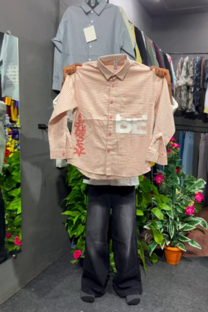 Bold & Casual: Men’s Pink & White Checkered Shirt with Graphic Text Design 💖👕